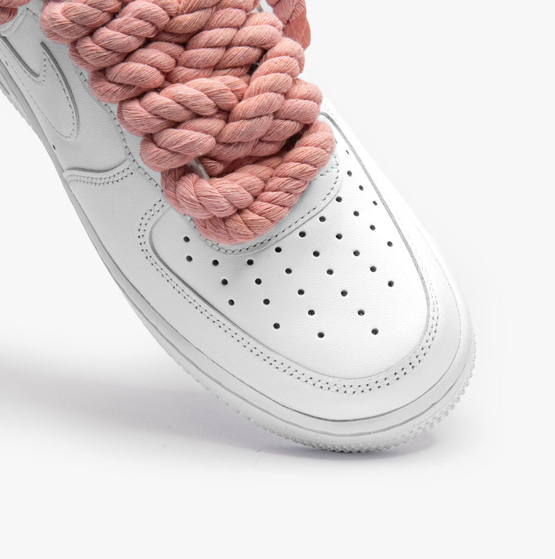 Nike Air Force 1 White Custom Chunky Rope Laces - Pink - Close Up - King Of Kicks